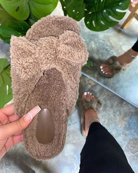 

2020 new women shoes cute plush bowknot slides women autumn winter furry slides for coral plush indoor ladies slippers 42 #uv4z