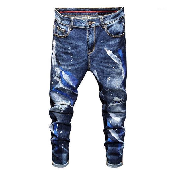 

kiovno men ripped painted jeans pants slim patchwork denim trousers male washed stretch1, Blue