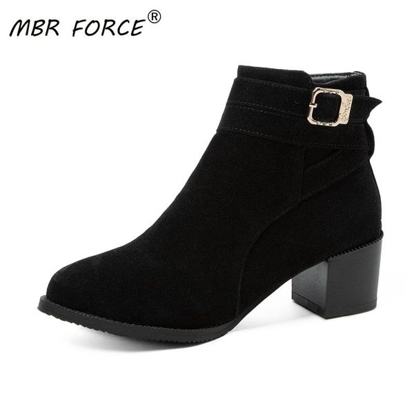 

mbr force women ankle boots winter heels ladies fashion pointed toe gladiator black leather shoes for woman large size 34-43