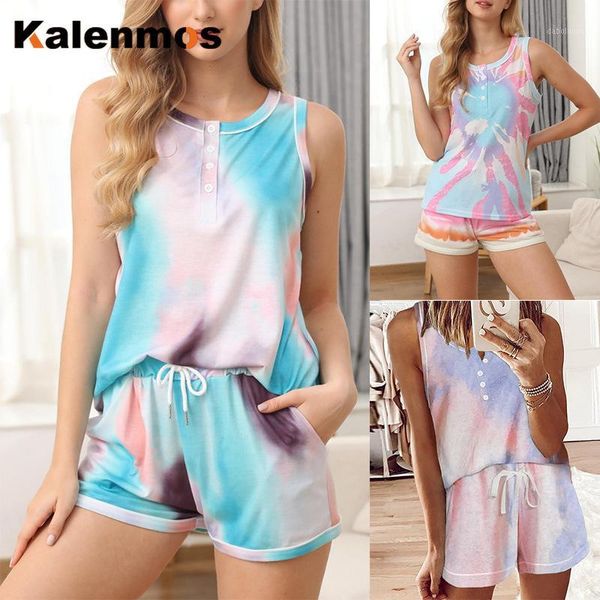

kalenmos two piece sets women homewear casual tshirt biker shorts sports tracksuits sleepwear pajamas lounge wear tie dye print1, White