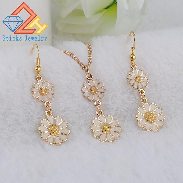 

pendant necklaces fashion double flower necklace set women 2021 ear charms choker jewelry collares collier femme bib boho chocker, Silver