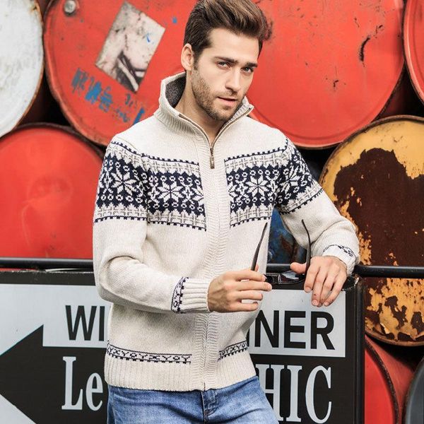 

winter men's jacquard sweater coat christmas snowflake print knitted cardigan turtleneck full zip casual warm woollen sweater, Black;brown