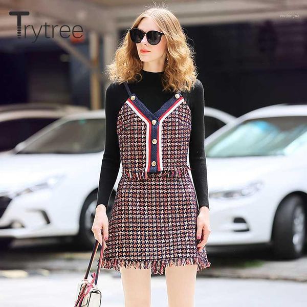 

trytree autumn winter women three piece sets casual turtleneck knitting button + skirt plaid tassel zipper set 3 piece set1, Gray