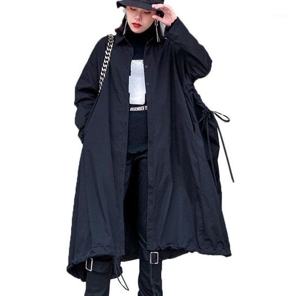 

vefadisa drawstring pocket trench coat spring black women trench 2020 solid lapel oversize coat loose plus size outwear qyf19731, Tan;black