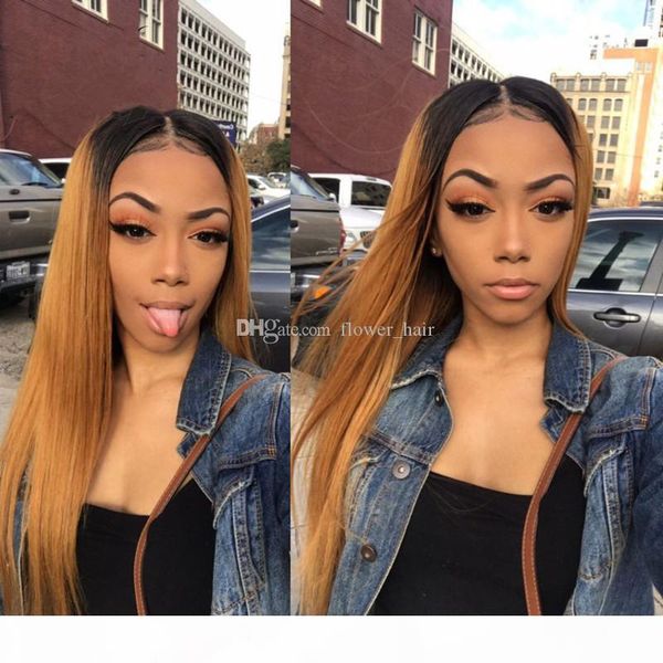 

ombre brown 1b 27 natural straight lace front wigs baby hair virgin indian full lace human hair wigs 130% density pre-plucked wigs, Black;brown