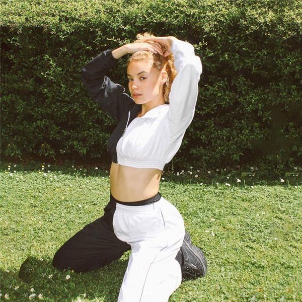 

2021 patchwork cropped jacket trouser 2 pieces running set autumn winter women casual sporty tracksuit streetwear outfits, Black;blue