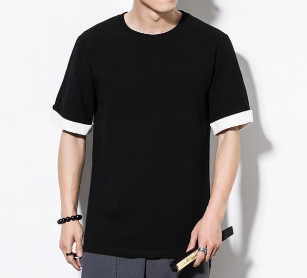 

sinicism men's sets chinese style summer loose mens casual short sleeve suit male sets men t shirt1, White;black
