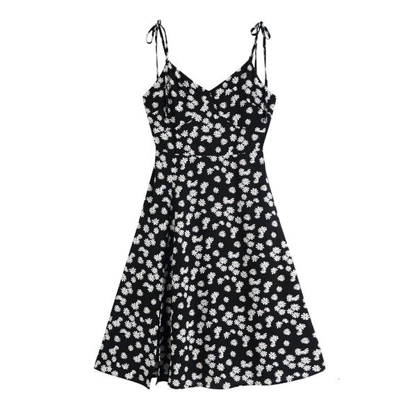 

2021 new summer daisy a-word female high waist with v low chiffon split flower sling impression sweet mid-long dress 3m3w, Black;gray