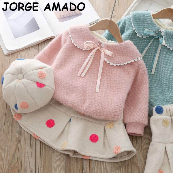 

girl winter clothes thick girls outfits peter pan collar hoodie+dot pleated skirt+hat 3pcs outfits girls clothes e94051, White
