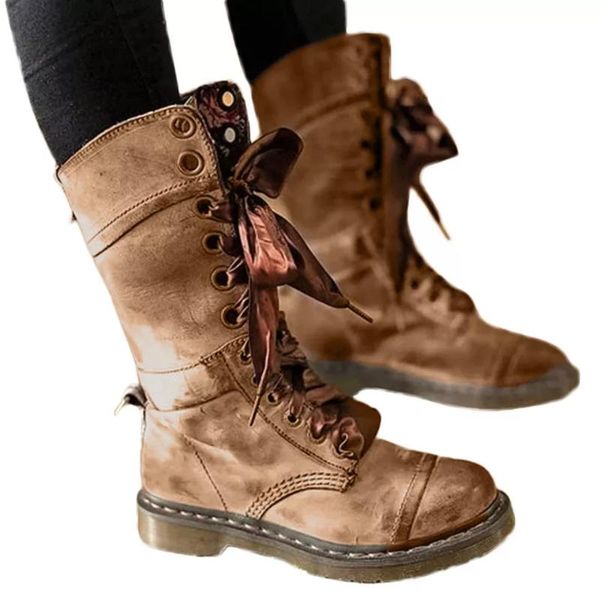 

women's studded retro lace-up martin boots retro shoes leather middle boot non-slip round toe middle tube martin boots women, Black