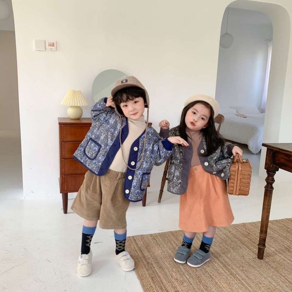 

korean and 2020 edition boys autumn new girls quilted cotton small coat children's floral long sve et cardigan, Black