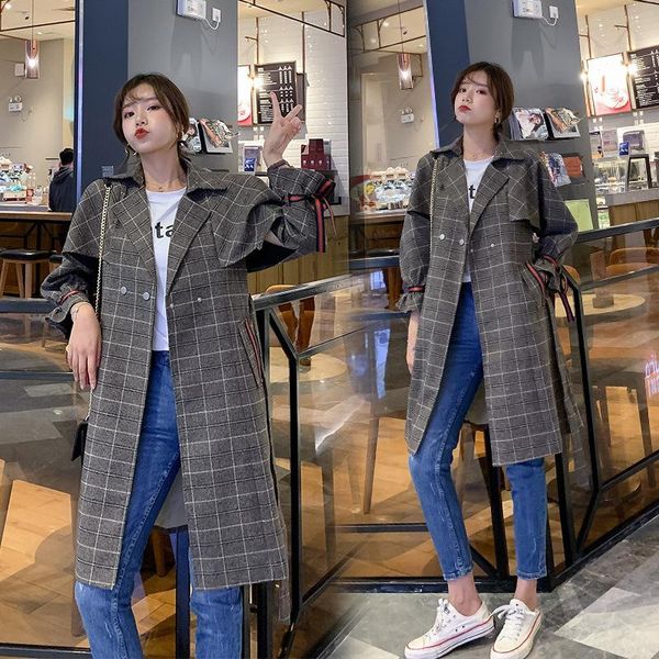 

2020 new windbreaker long plaid windbreaker loose large size casual temperament ladies coat, Tan;black
