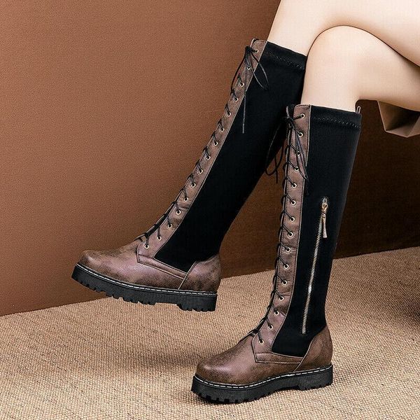 

boots eur35-52 women lace up riding knee high stretchy punk motorcycle shoes warm winter fleece liner big size riding1, Black
