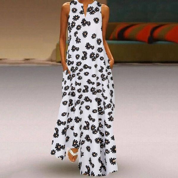 

женские летние цветочные принты maxi платье плюс размер печати ежедневно повседневная без рукавов старинные богемные v шеи платье vestidos ж, Black;gray