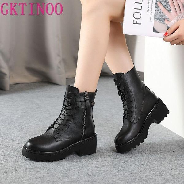 

boots gktinoo ankle for women 2021 autumn motorcycle thick heel platform shoes woman slip on genuine leather fashion1, Black