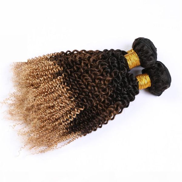 

#1b 4 27 honey blonde ombre hair weaves kinky curly human hair bundles 300gram three tone dark roots brazilian virgin hair extensions, Black;brown