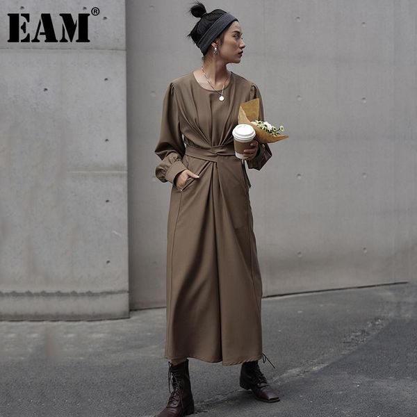 

eam] женщины cross bandage элегантное длинное платье новые круглые шеи с длинным рукавом свободная подходящая мода прилив весна осень 2021, Black;gray