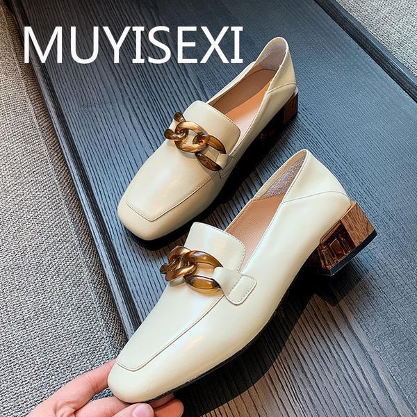

loafers with chain pumps shoes women 4cm square heel ladies spring shoes genuine leather white black jd14 muyisexi