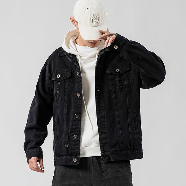 

spring autumn hole denim male jacket black cotton plus size 5xl fmdr, Black;brown