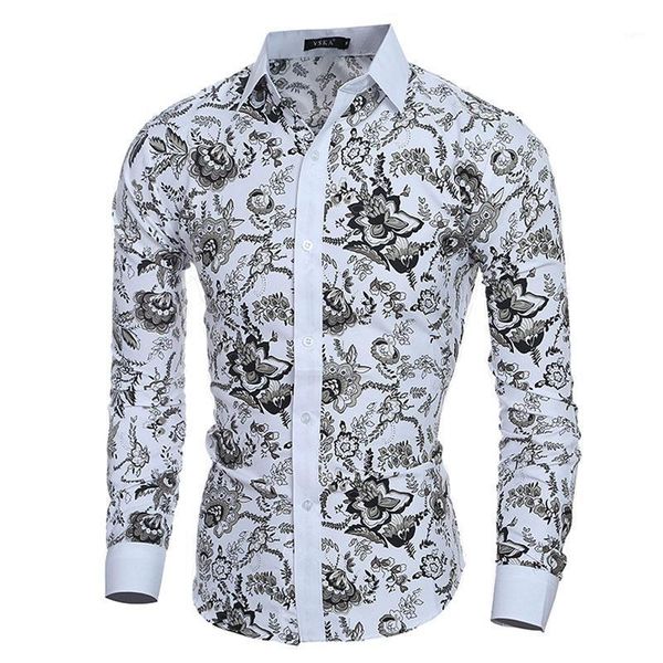 

elenoble floral prints men shirt fashion mens shirts long sleeve slim fit casual social camisas masculinas chemise homme1, White;black