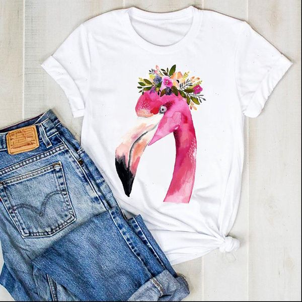 

women lady flamingo flower cartoon cute ladies cute fashion summer t tee tshirt womens female shirt clothes graphic t shirt, White