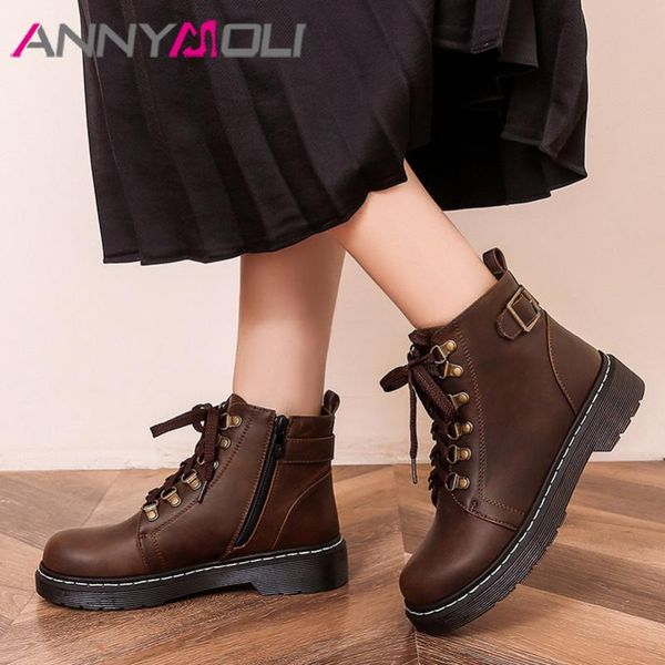

annymoli motorcycle boots woman flat platform ankle boots lace up round toe short zip buckle female shoes autumn winter 43, Black