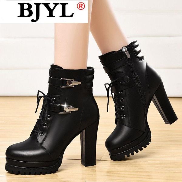 

2020 winter fashion women's boots lace-up side pull thick heel boots round head super high heel pu ankle zapatos de mujer, Black