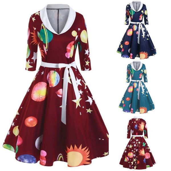 

elegant women planet print dress christmas autumn retro nineth sleeve stand print lace-up tunic big baggy dress plus size, Black;red