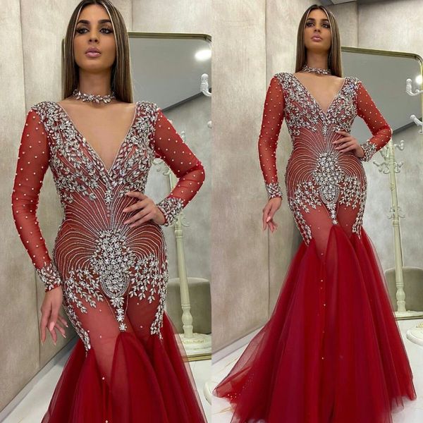 

red evening dresses deep v neck crystal beads long sleeves mermaid prom dress sweep train custom made robes de soirÃ©e, Black;red