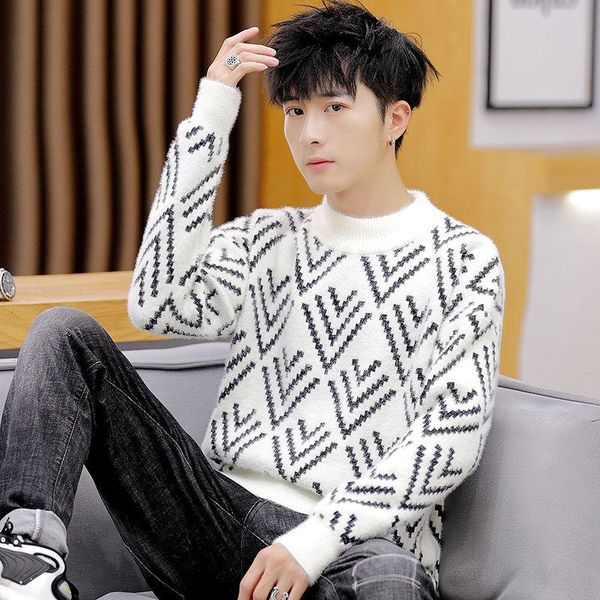 

men's sweaters winter plush half high collar sweater trend long sleeve knitted bottoming shirt for warmth, White;black