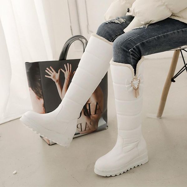 

sweet bowknot inside heighten female shoe fashionable round head medium heel high boots 2020 winter new style add wool snow boot, Black