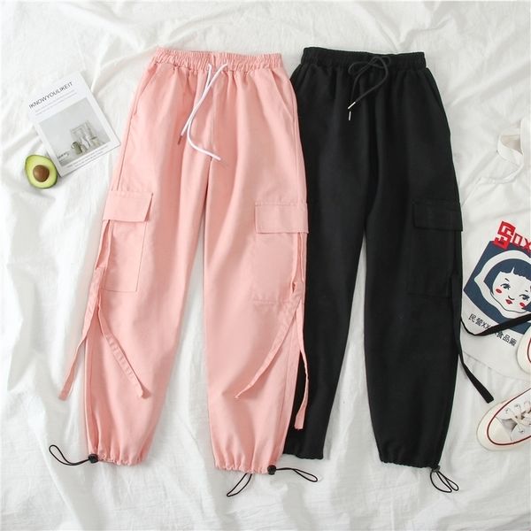 

spring cargo pants student sport casual sweatpants women black high waist pocket trousers streetwear womens joggers sweatpants 201106, Black;white