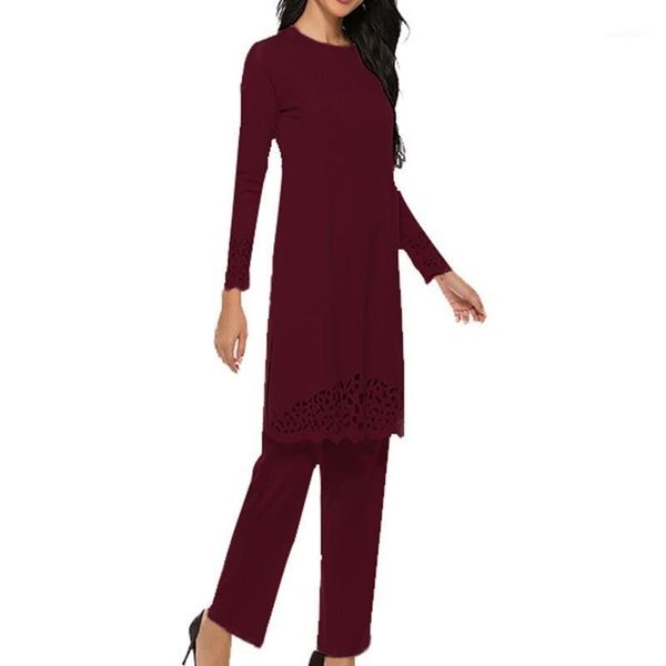 

women muslim 2 pieces outfit hollow out split long sleeve tunic pants set solid color abaya dress hijab robe kaftan1, Red