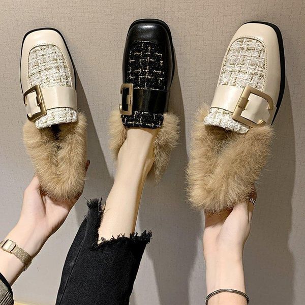

shoes slippers flat winter footwear rivet slipers women slides fur flip flops low loafers female mule 2020 plush mules rubber, Black