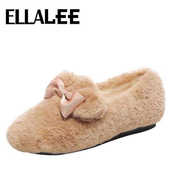 

winter loafers women round toe plush lining comfortable soft sole sweet lovely bowknot black khaki flat slip on cotton shoes