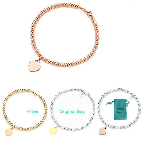 

original bracelets s925sterling silvers bead heart charm bracelet for women girl lover gift fine jewelry logo stamp1, Golden;silver