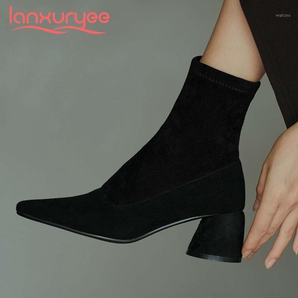 

lanxuryee stretch boots popular sheep suede gorgeous square toe thick high heel zipper beauty lady modern dress ankle boots l421, Black