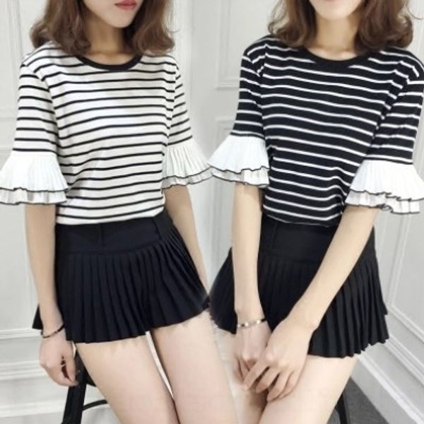 

t8wms new chiffon version t-shirt of versatile stripe stitching korean half sleeve korean style for and thin short sleeve t-shirt loose wome, White