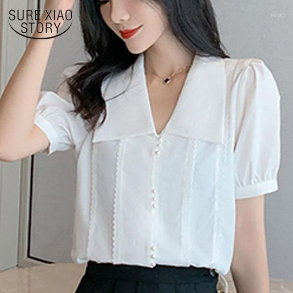 

fashion short sleeve women blouse 2020 summer v-neck chiffon woman shirt solid korean white shirt lady clothing 102921