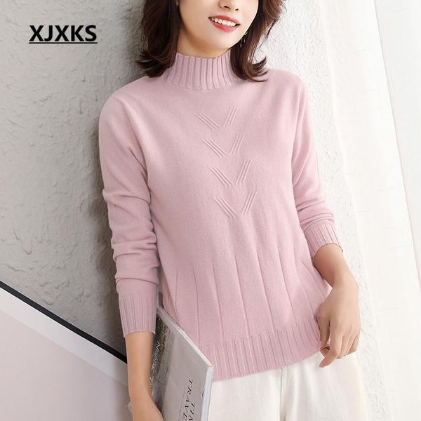 

xjxks 2019 winter solid color all-match women turtleneck sweater high elastic comfort 100% wool knitted sweater women pullover1, White;black
