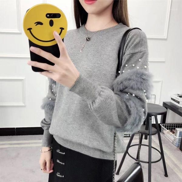 

fashion pearls beading ans faux fur embellished cuff jumper grey crew neck casual pullovers autumn elegant long sleeve sweater1, White;black