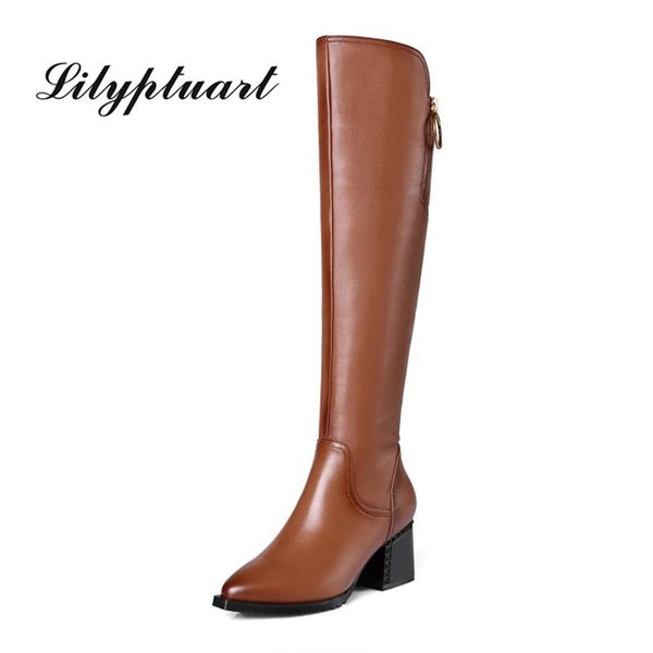 

british style cowhide material zippered decorative boots pointed thick high heel side zipper rubber soles winter boots women c1023, Black