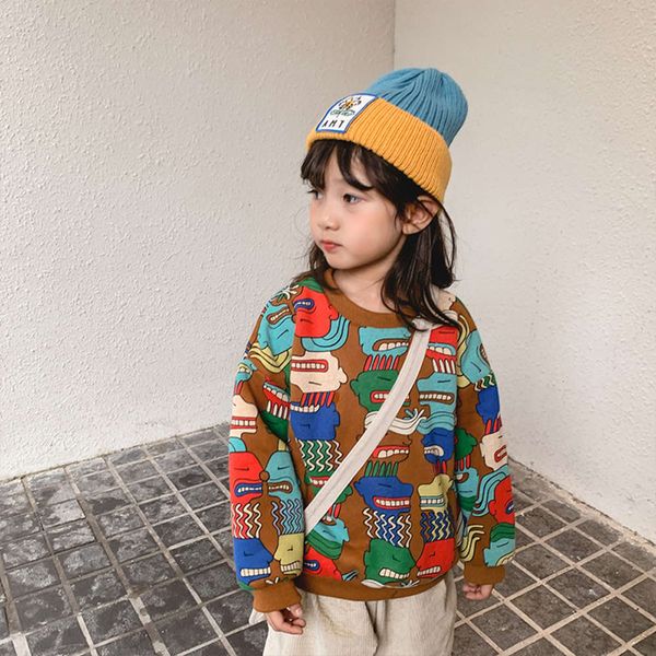 

children's warm autumn sweater winter plush 2020 new cartoon graffiti boys' and girls' long thickened pullover s7b1, Black