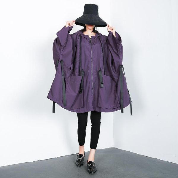 

women's trench coats women autumn oversized bat sleeve big pocket hooded coat female streetwear hip hop size windbreaker outerwear cloa, Tan;black