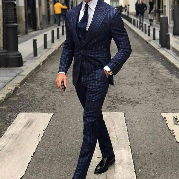 

men's suits & blazers costume homme blue stripe with pants business man blazer tuxedo groom wear wide peaked lapel slim terno masculino, White;black