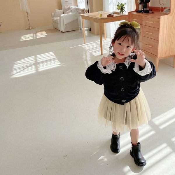 

foreign lace leun girls' winter children's plush cardigan coat princs sle short sweater hofz, Black