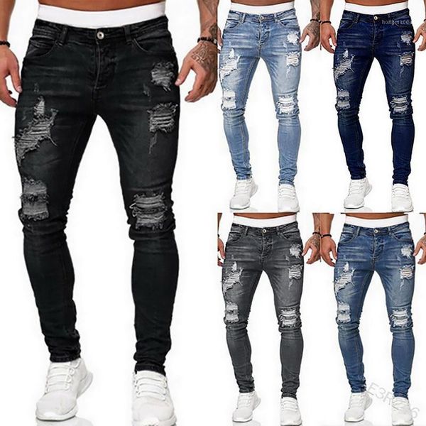 

2021 men's sweatpants hole jeans pants casual summer autumn male ripped skinny trousers slim biker outwears pants1, Blue