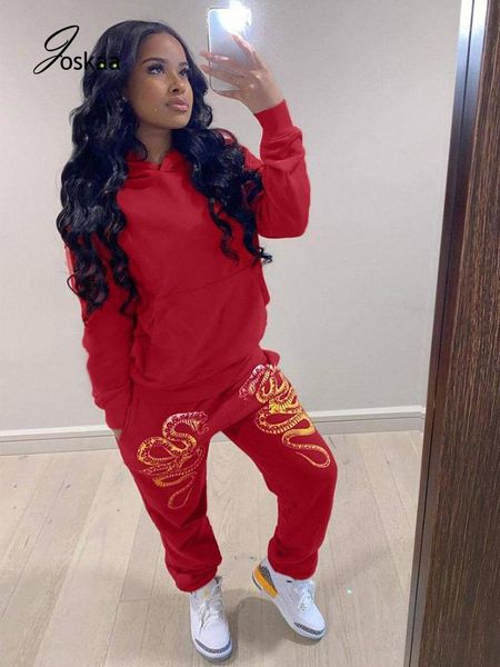 

joskaa casual solid hooded women tracksuit full sleeve pocket loose sweater snake print sporty street pants lounge two piece set1, Gray