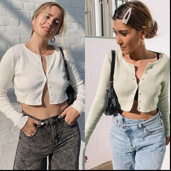 

autumn 2021 mint green casual knitted short cardigans women o neck long sleeve buttoned crop sweaters jumper winter pull femme, White;black