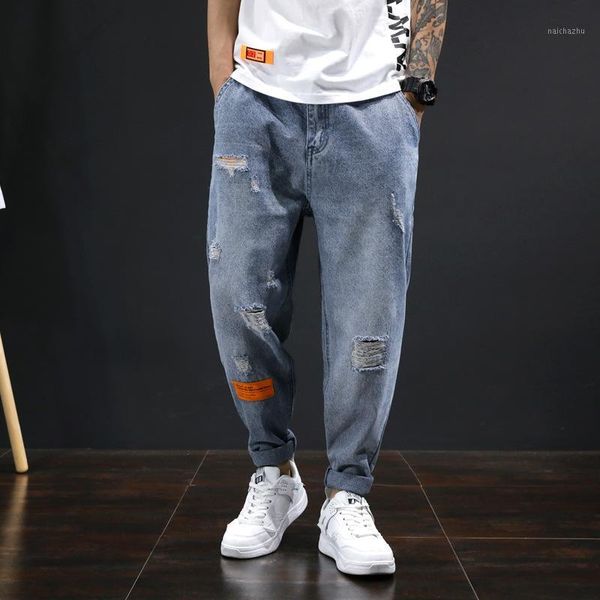 

men's streetwear joggers vintage blue denim overalls men ripped jeans harem pants 2020 korean clothes male1